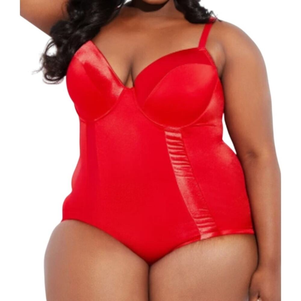 Ashley Stewart Racing Red Satin Panel Medium Control Shapewear Bodysuit Women 1X